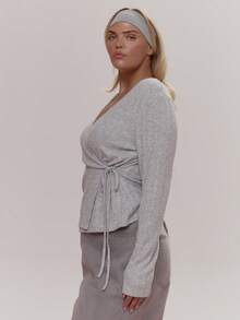 MUSERA Ribbed Long Sleeve Wrap Around Tie Top Cute Cosy Spring Everyday Sugar Swizzle - Grey - View 3