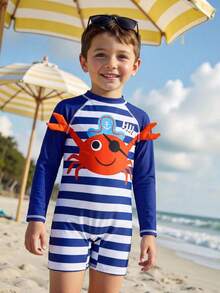 SHEIN Young Boy Cute Crab Pattern Knit One-Piece Swimsuit, Suitable For Beach, Vacation, Swimming - Blue - View 7