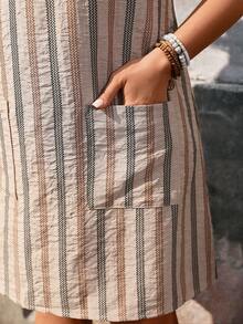 EMERY ROSE Plus Size Women Linen-Like Vintage Wavy Striped Texture Button Dual Pocket Sleeveless Casual Vacation Dress - Apricot - View 7