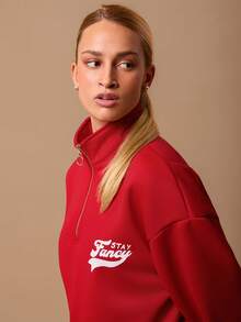 SURIMA Wine Red Women's Loose Half-Zip High Neck Fleece Sweatshirt, Suitable For Autumn/Winter - Red - View 2