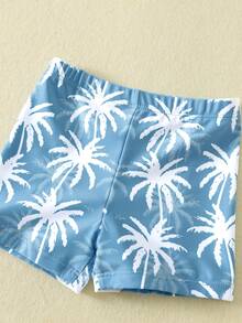 SHEIN Conjunto de 3 piezas para bebé unisex: Bañador de manga larga con protección solar y gorro con estampado de árbol de coco azul, adecuado para la playa, la piscina y las vacaciones - Neblina azul - Ver 7