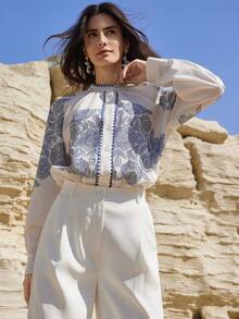 Dazy-Less 女士印花插肩袖单排扣衬衫，度假装 - 杏色 - 查看 4