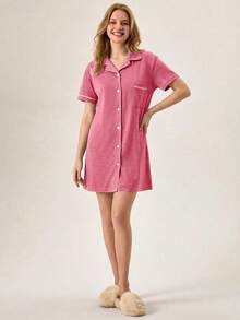 Loomlin Women Button Front With Contrast Colour Detail Homewear Lounge Pajama Dress - Pink - View 5