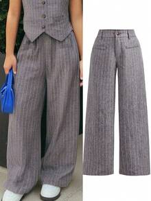 SHEIN Quần dài kẻ sọc dáng casual cho bé gái tuổi teen, phù hợp cho công sở và đi làm. - Xám - Xem 3