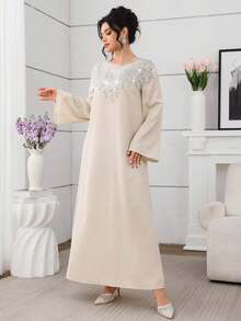 Al Najma Women's Elegant Apricot Long Sleeve Rhinestone Collar Floral Arabic Style Dress, Spring/Summer - Apricot - View 4