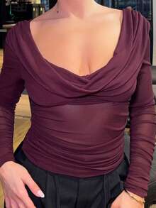 Bethéva Áo lưới tay dài cổ khoét sâu màu trơn thời trang cho nữ, áo lưới xuyên thấu, áo dài tay - Màu Đỏ Sâu - Xem 3