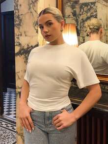 Bethéva Women's Summer Minimalist Y2K Basic Daily Wear Casual Back To School Streetwear Stretchy White Loose Ruched Crop Tees - White - View 5