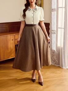 Vintamour Elegant Women's Coffee Brown Summer Tea Party Blouse,Vintage Floral Embroidery Peter Pan Collar Contrast Trim Button Casual White Top For Vacation - Beige - View 7