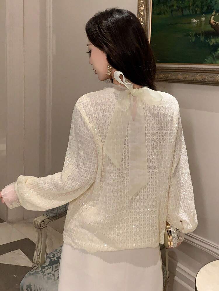 Women's Casual Solid Color Patchwork Sequin Decor Stand Collar Lantern Sleeve Semi-Sheer Blouse, Spring/Summer/Autumn