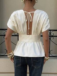 Siren Gaze 女士纯色深V领露背上衣，教师款上衣，复古风，街头风，优雅款上衣，可爱款上衣，夏季服装，夏季休闲装 - 杏色 - 查看 2