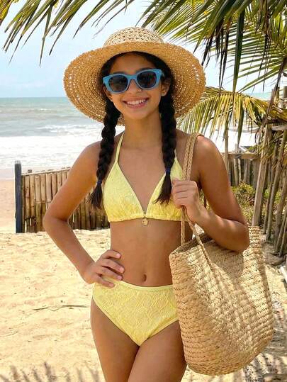 SHEIN Teenager Mädchen gelbes strukturiertes Jacquard Strandurlaub Bikini 2-teiliges Set