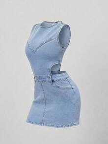 Sweetra 女士 Y2K 修身百搭镂空牛仔紧身连衣裙 - 淺色水洗藍 - 查看 1