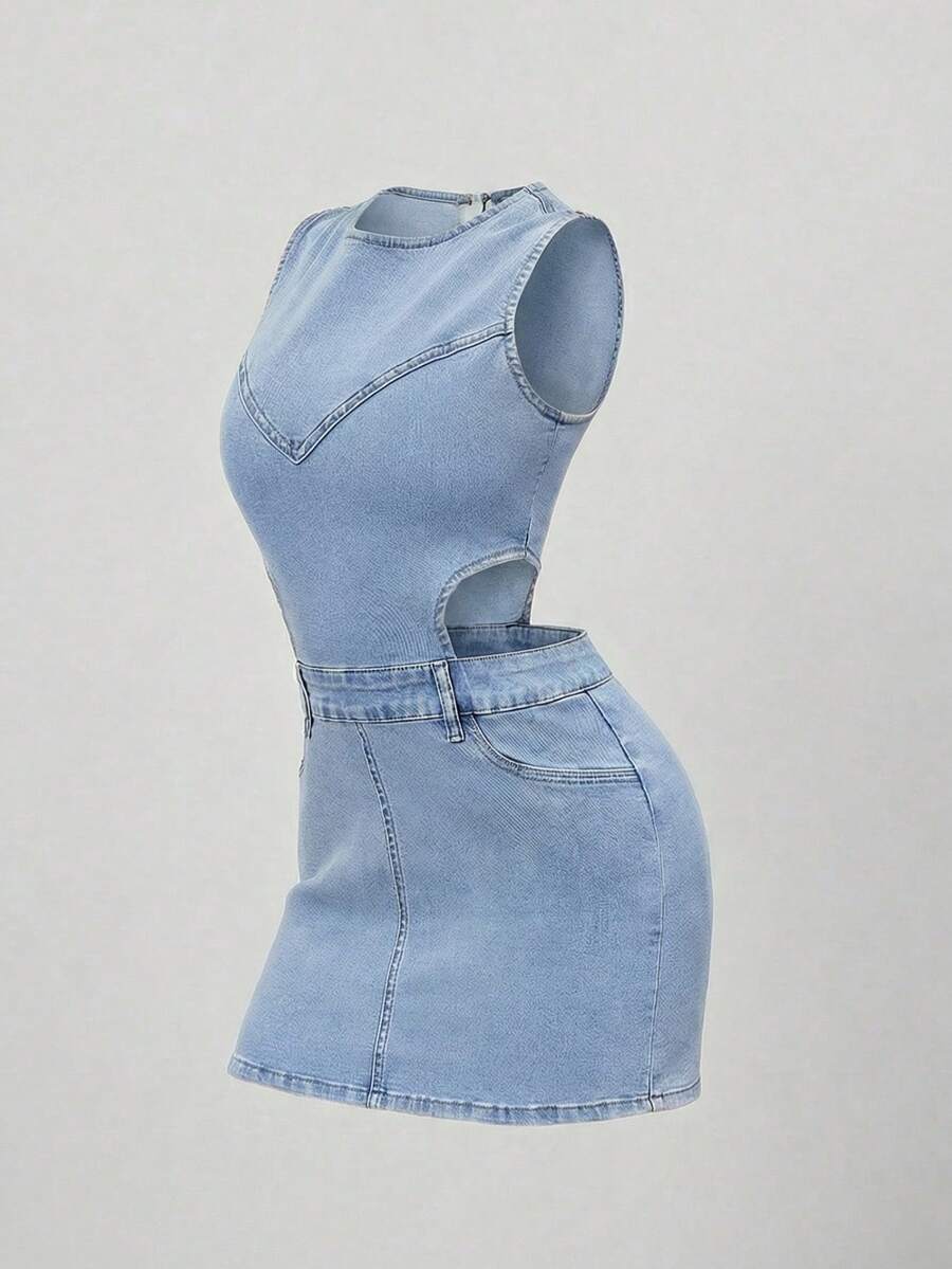 Sweetra 女士 Y2K 修身百搭镂空牛仔紧身连衣裙 - 淺色水洗藍 - 查看 1