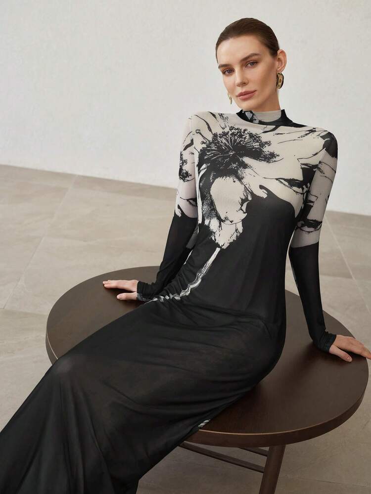 WOMEN'S FLORAL PRINT SLIT FITTED DRESS