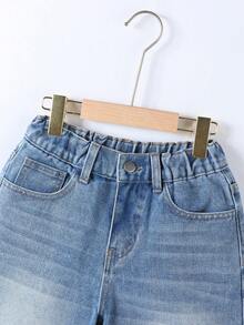 Shorts en jean décontractés et amples pour pré-adolescents, taille élastique déchirée, streetwear urbain cool, lavage rétro vintage, été - Jean clair - Voir 3