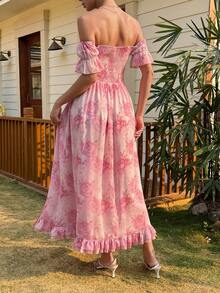 DAZY Đầm maxi chiffon in hoa mùa xuân hè, thanh lịch, thích hợp cho các dịp thường ngày, đi biển, đám cưới, tiệc tùng, đi làm, đầm midi dài tay xẻ cao. - Hồng - Xem 4