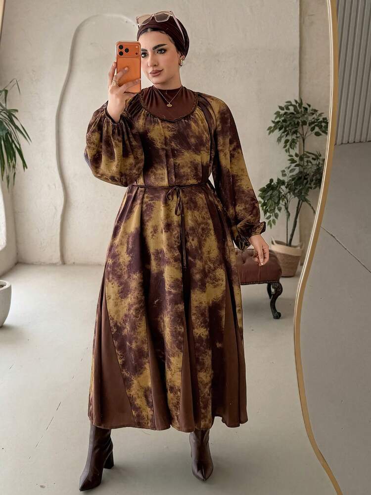 Dazy Plus Floral Print Patchwork Chiffon Loose Fit Batwing Sleeve Belted Dress, Plus Size Women Elegant Maxi Dress Sundress