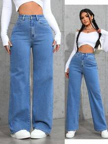 Jeanoix Women's High Waist Pockets Wide Leg Loose Casual Versatile Denim Pants - Medium Wash - View 6