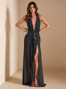 SHEIN BAE 黑色波点露背系带高开衩连衣裙，优雅百搭，适合派对、度假、宴会、婚礼、夜生活、浪漫约会以及春夏穿着。 - 黑色 - 查看 3