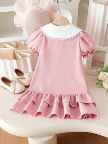 SHEIN Pink Summer Fairy Girls Princess Dress,Lace Embroidered Peter Pan Ruffle Collar Puff Sleeve Floral Holiday Birthday Dress For Daily Kindergarten - Multicolor - View 2