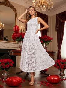 Amorya Robe blanche en dentelle à ligne A pour femmes, sans manches, tenue de printemps/été pour femmes, robe de fête de la Saint-Valentin, de mariage, de fiançailles, de lune de miel, de baby shower, de demande en mariage, robe blanche en dentelle, tenues de printemps-été, cache le ventre, robe de la Saint-Valentin, tenues de festival pour femmes, robe de Pâques, tenue d'anniversaire pour femmes - Blanc - Voir 11