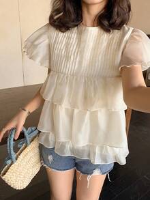 FRIFUL 女士圆领花瓣袖宽松衬衫，层叠荷叶边下摆，夏季款 - 杏色 - 查看 1