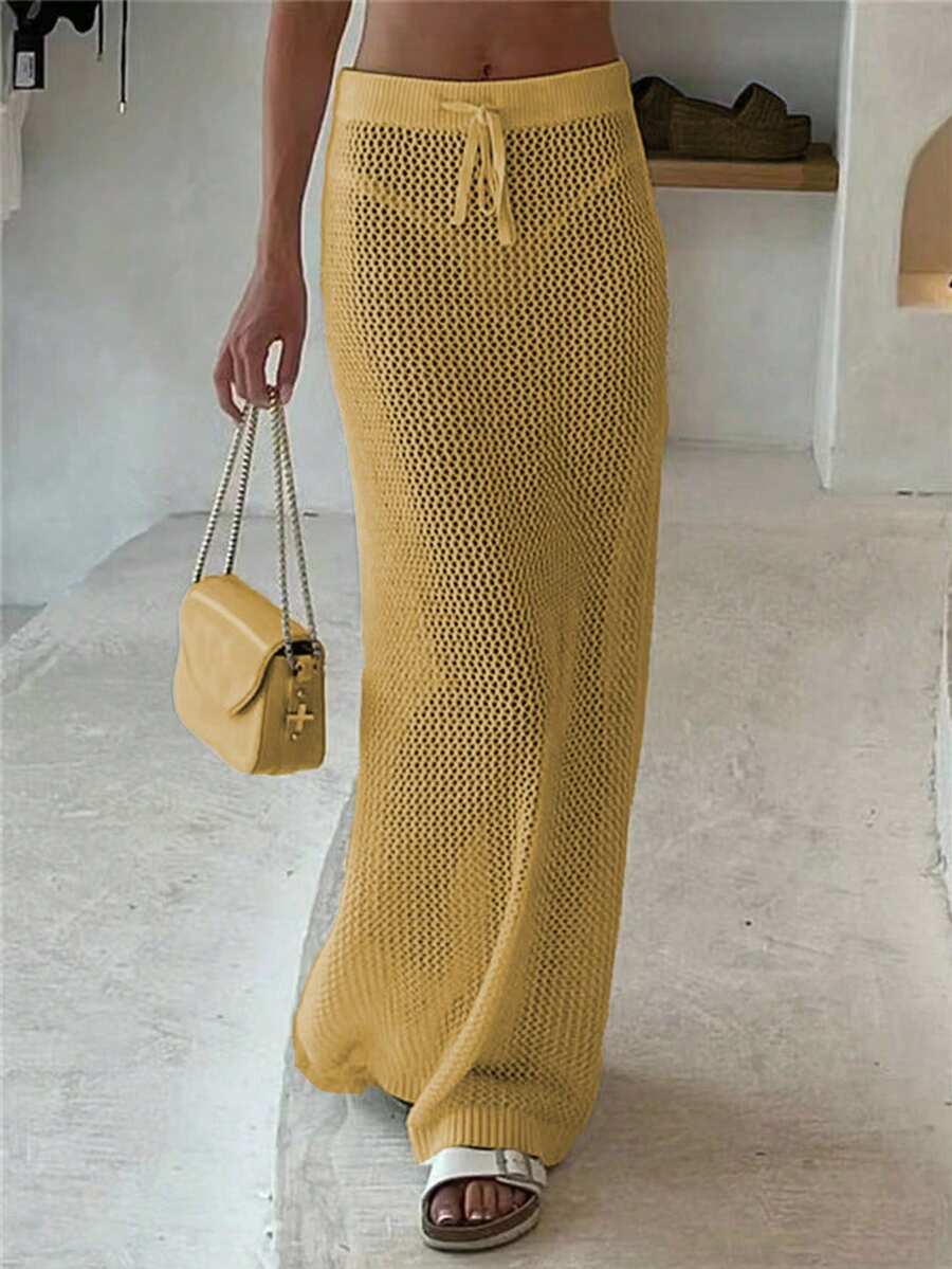 INAWLY Falda de punto casual y versátil con cintura ajustable y diseño calado - amarillo ganso - Ver 1