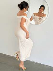 Firerie 大码优雅浪漫精致正式派对度假约会无袖垂领深V领镂空金属装饰网纱修身弹力连衣裙，女士，春夏款 - 杏色 - 查看 3