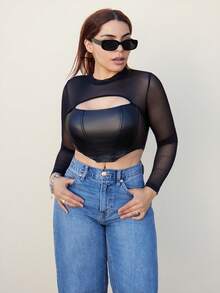 Lupita Cardoza 黑色pu網眼剪裁前面不對稱的直切短tee - 黑色 - 查看 4