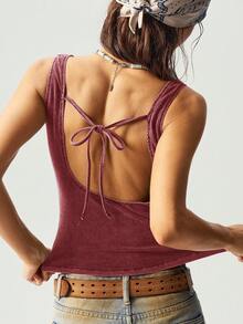 Bohemela Casual Solid Color Knitted Backless Fitted Women's Tank Top Tie Back Top Open Back Tops Backless Tops Bow Back Top Tie Back Tank - Rose Red - View 6