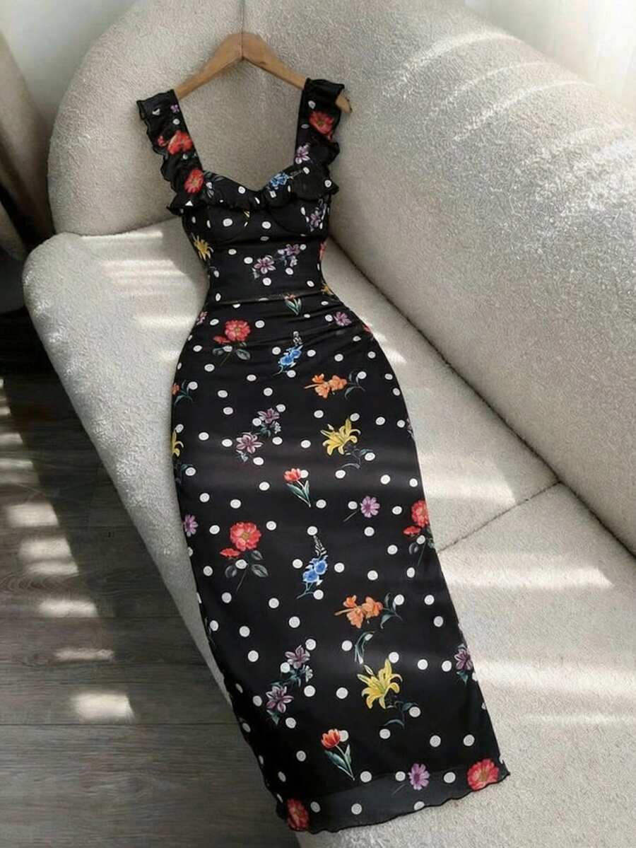 SHEIN MOD 大码碎花波点图案中长连衣裙，适合女士穿着，波点连衣裙，新年装，秋季连衣裙，冬季连衣裙，感恩节连衣裙，浪漫连衣裙，迷人连衣裙，婚礼宾客连衣裙，派对连衣裙，沙滩连衣裙，优雅连衣裙，黑色连衣裙，舞会连衣裙，毕业典礼连衣裙，法式复古连衣裙，复古连衣裙，露肩连衣裙 - 彩色 - 查看 1