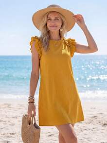 EMERY ROSE Vacation Woven Solid Ruffle Trim Fitted Mini Dress For Women - Yellow - View 4