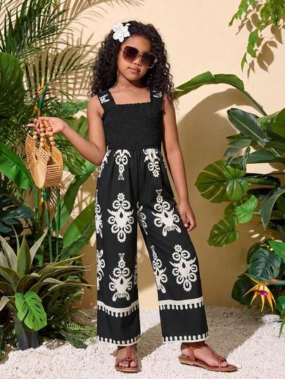 Tween Girl Fashionable Square Neck Vintage Bohemian Style Retro Printed Jumpsuit, Excellent Drape, Black & White Totem Retro Print, Minimalist Elegant, Suitable For Spring/Summer Party, Outdoor, Vacation Wear