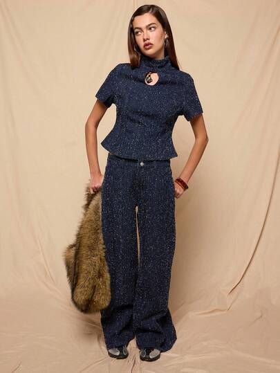 COUREZ Short Sleeve Front Cut Out Detail Top In Indigo Textured /Y2K Spring Clothes For Women Cute Sexy Tops Going Out Outfits Party Tops Summer Outfits 2 Piece Sets