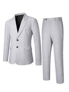 Manfinity Mode Bộ vest nam dài tay cài cúc phía trước, màu xám sọc, chất liệu vải dệt, thích hợp cho mùa xuân/hè, gồm áo khoác và quần. - Xám - Xem 3