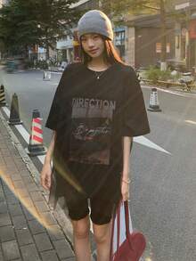 DAZY Women's Round Neck Printed 2 In 1 Korean Style Mesh Patchwork Short Sleeve T-Shirt Graphic Tees Women - Black - View 5