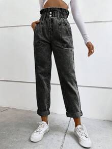 Flexra Quần jeans nữ thường ngày có túi và nút - Màu xám đen - Xem 5