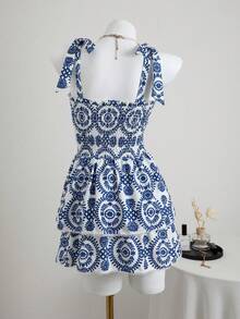 Elamini Women's 2-Piece Paisley & Floral Random Print Ruched Tankini Top & Hipster Bottom Swimsuit Set - Blue and White - View 4