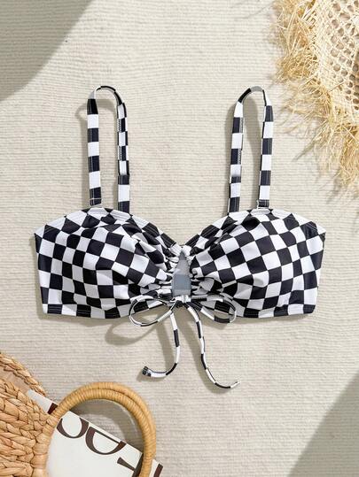 Swim Vcay 2026 New Spring/Summer Plus Size Swimwear Top, Contrast Color Checkerboard Print, Drawstring Bandeau Detachable Adjustable Strap, Sexy Beach Vacation Pool Wear