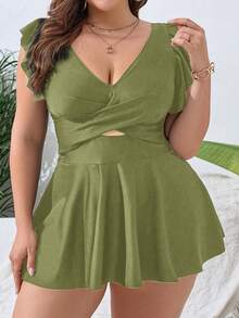 Swim Lushoire Top de tankini à volants croisés de couleur unie avec short de bain pour femmes grande taille - Vert - Voir 3