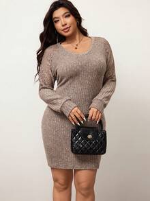 Enliva Plus Size Women's Lace Patchwork Dress, For Apple & Rounded Body Shape - Khaki - View 8