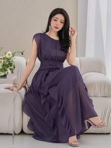 DAZY Đầm dài ngang gối thanh lịch màu trơn, viền bèo nhún dành cho nữ, đầm dự tiệc cưới mùa hè, đầm cocktail. - Màu tím - Xem 11