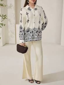 Veilorie Camisa casual holgada de mujer con bordado de plantas y abotonadura sencilla - Multicolor - Ver 4