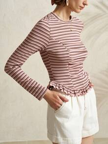 Franclia Casual Round Neck Striped Ruffle Trim Long Sleeve T-Shirt, Spring/Autumn - Multicolor - View 7