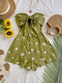 SHEIN WYWH 女士春夏度假嘉年华邮轮风蓝色水彩印花扭结露背连体裤，宽松版型，适合派对、约会、情人节、叠穿 - 彩色 - 查看 3