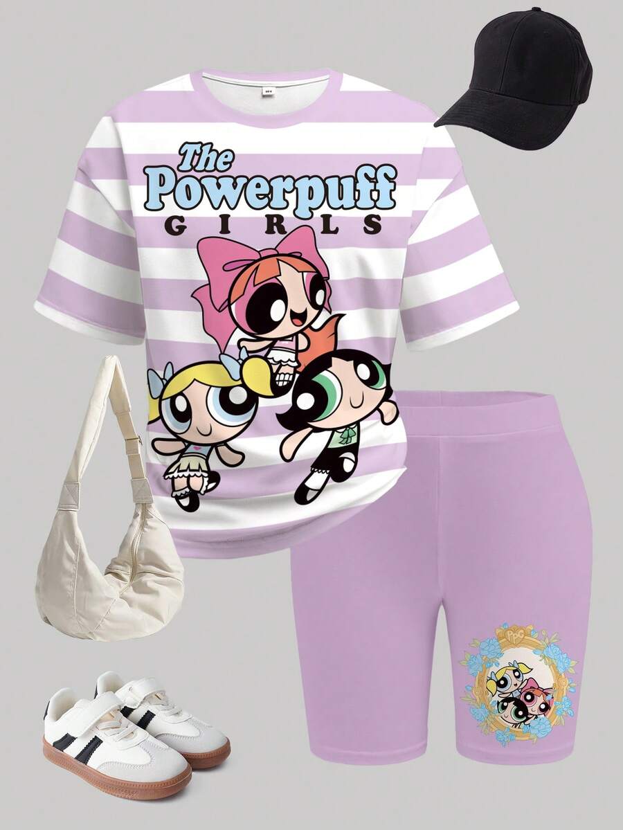 THE POWERPUFF GIRLS X SHEIN 少女休闲日常通勤时尚街头风可爱卡通字母图案条纹印花宽松T恤和骑行短裤套装，夏季 - 白色 - 查看 1