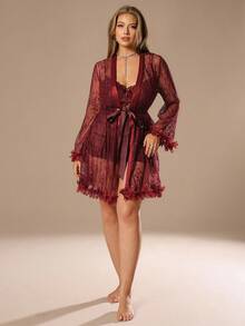 SHEIN Privé 1 Set Plus Size Women Lace Robe With 3D Floral Decor + Plus Size Lace Camisole Slip Dress With Waist Cinching Design Sexy Red Sets For Spring Valentine's Day Valentine Red Outfit For Women Spring Dress For Women - Maroon - View 5