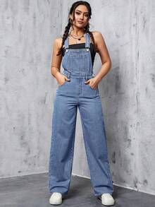 SHEIN PETITE 女式字母刺绣口袋阔腿宽松休闲牛仔连体裤 - 藍色 - 查看 8