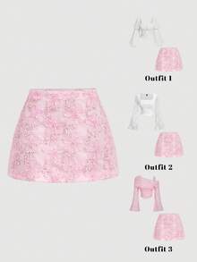 SHEIN MOD 女士优雅花卉装饰半身裙，春夏款，适合婚礼宾客、节日、女士正装、奢华场合，包括粉色、修身等。也适合晚宴、生日、约会等场合。 - 粉色 - 查看 3