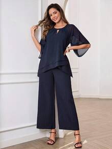 Miaspire Elegant Navy Blue Chiffon Two-Piece Set For Women – Double-Layer Cape Sleeve Top & Pleated Wide Leg Pants, Perfect For Summer & Spring, Ideal For Vacation, Beach, Going Out, Casual Daily Wear, And Festival Occasions - Navy Blue - View 5